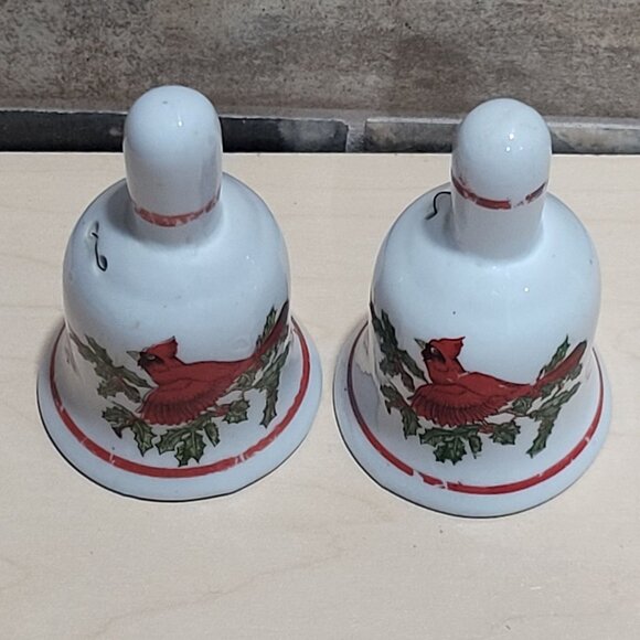 Vintage Pair Porcelain Bells Hand Painted Red Cardinal Bird on Branch Holly and - Picture 3 of 9
